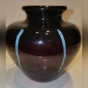 Studio Handblown Fused Art Glass Garnet Vase White Stripes 4.75"